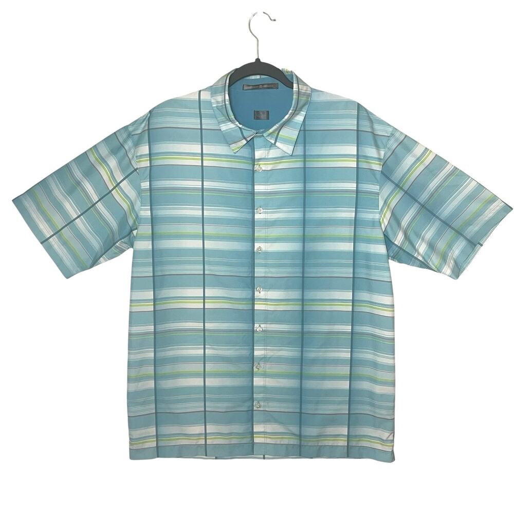 Nike Tiger Woods Blue & Green Stripe Short Sleeve Button Down Golf Shirt Large